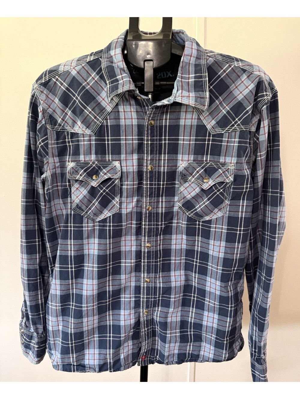 Wrangler 20X Pearl Snaps Men’s Size XL Blue Plaid Paisley Contrast Collar Ranch